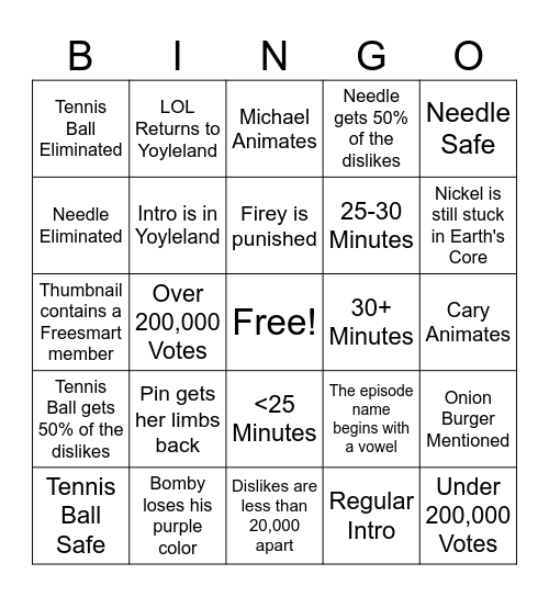 BFDIA 24 Bingo Card