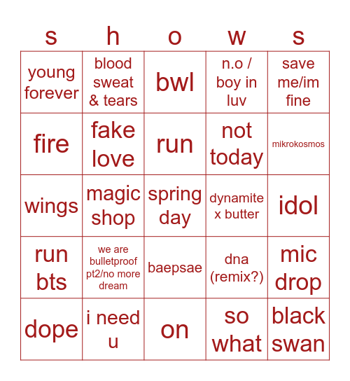bangtan arirang tour Bingo Card