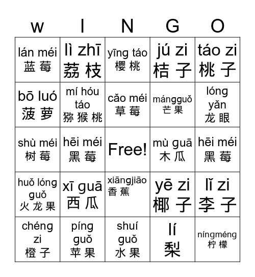 水果Bingo Card