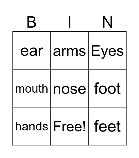 Grade 5: Body Parts Bingo Card