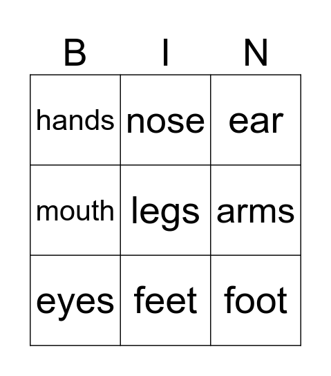 Grade 5: Body Parts Bingo Card