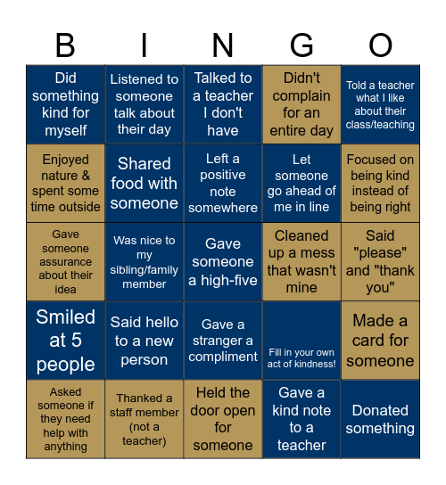 Key Club Kindness Week Bingo Card