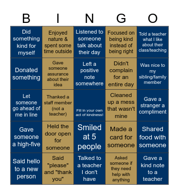 Key Club Kindness Week Bingo Card