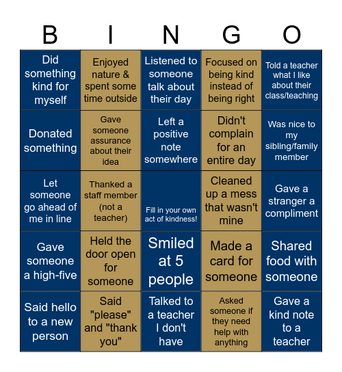 Key Club Kindness Week Bingo Card