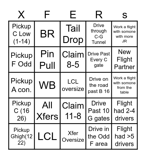 DELTA XFERS Bingo Card