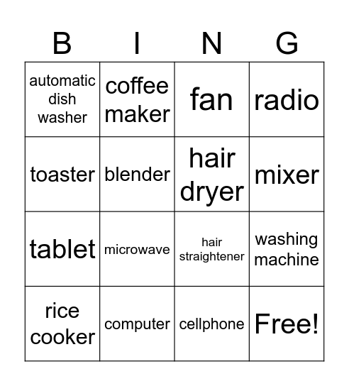 electrical appliances Bingo Card