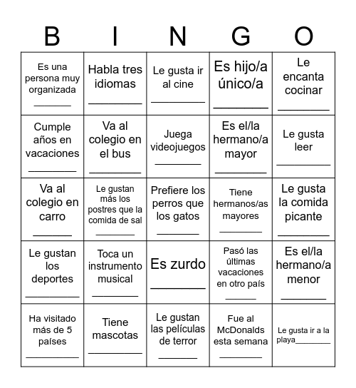 BINGO para conocerse Bingo Card