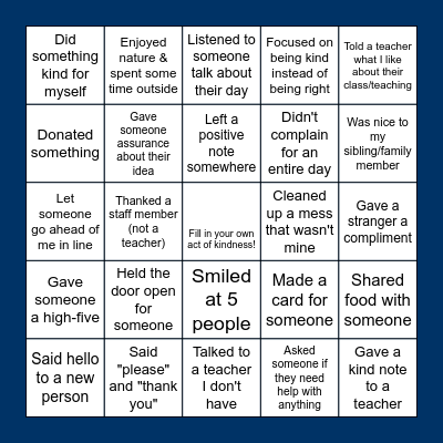 Key Club Kindness Week Bingo Card