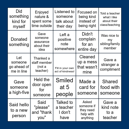 Key Club Kindness Week Bingo Card