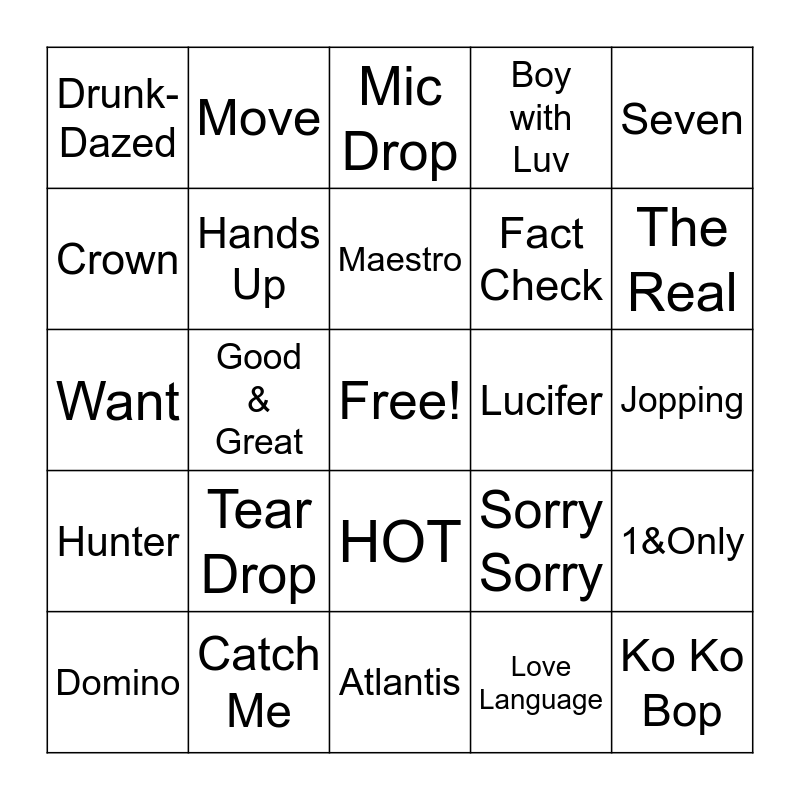 Boy Group Bingo Card
