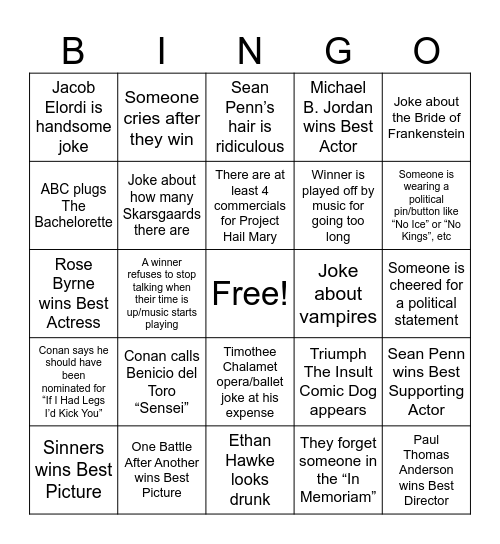 Nick Digilio's OSCAR AWARDS 2026 Bingo! Bingo Card