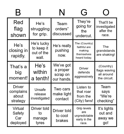 F1 Bingo game, phrases, events Bingo Card