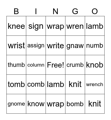 Sneaky Silent Letters Bingo Card