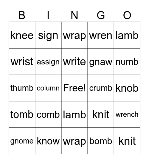 Sneaky Silent Letters Bingo Card