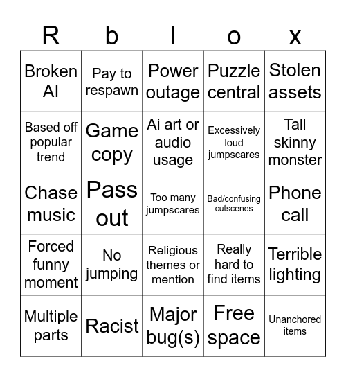 Roblox horror Bingo Card