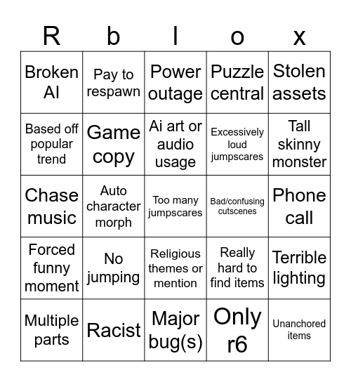 Roblox horror Bingo Card