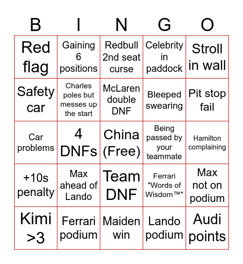 2025 F1 China GP Bingo Card