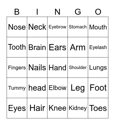 Body Parts Bingo Card