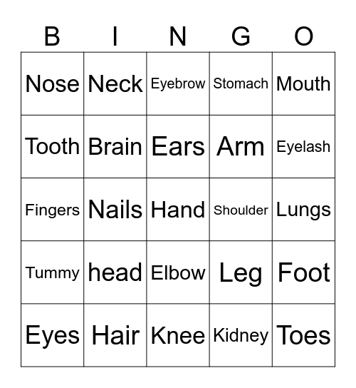 Body Parts Bingo Card