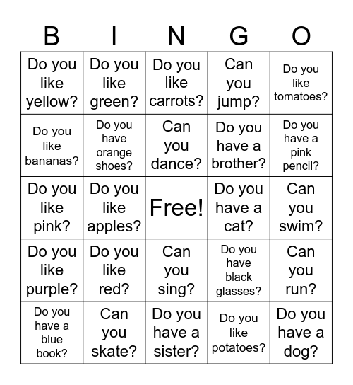 Yes, I do/can OR No, I don't/can't Bingo Card