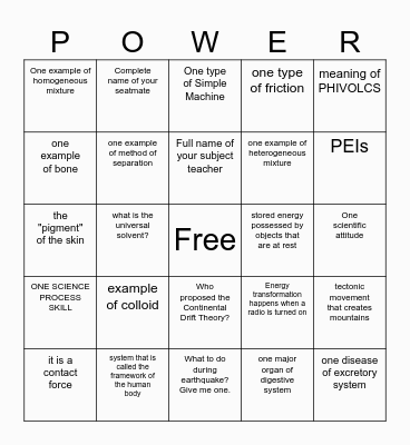 SCIENCE Bingo Card