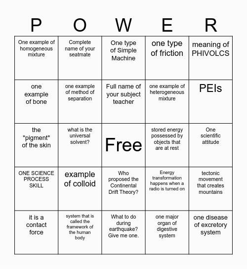 SCIENCE Bingo Card