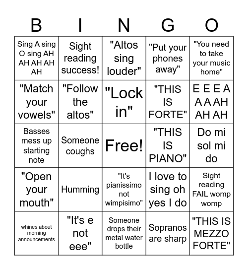 Choir Bingo Card