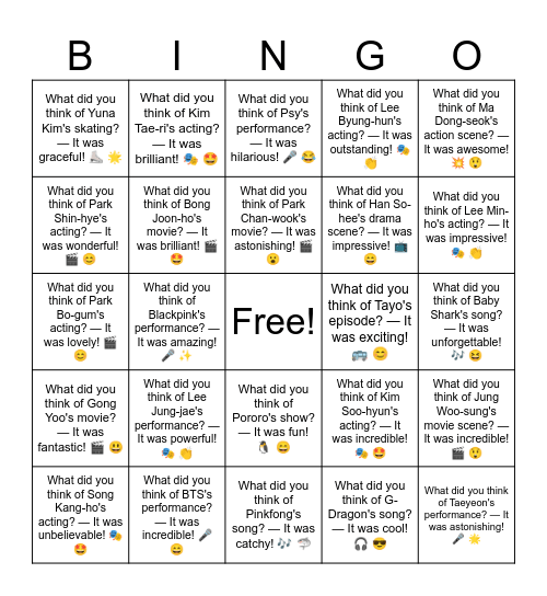 B15 L17 What did you think of Bong Joon-ho's movie? — It was brilliant! 🎬 🤩 Bingo Card