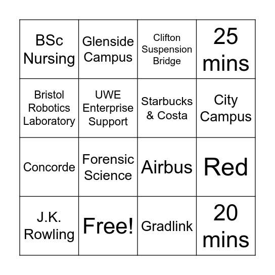 UWE Bingo Card