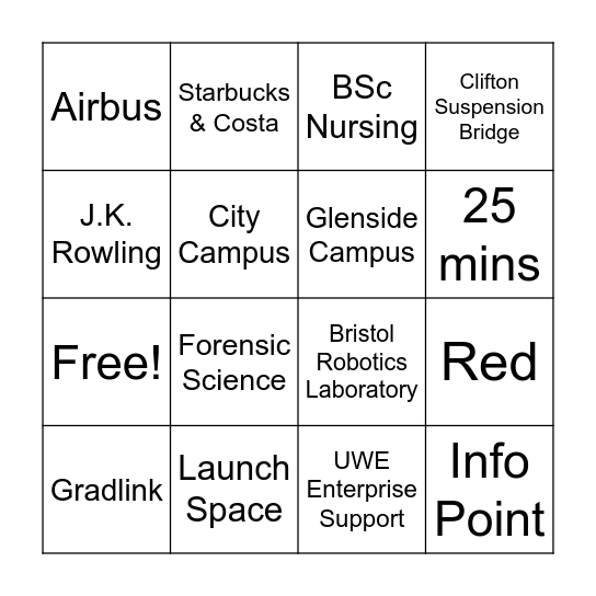 UWE Bingo Card