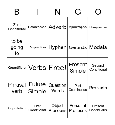 English Grammar Bingo Card