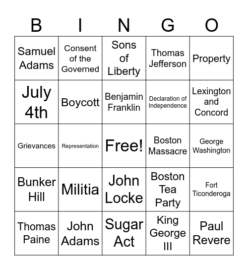 Unit 2 Bingo Card