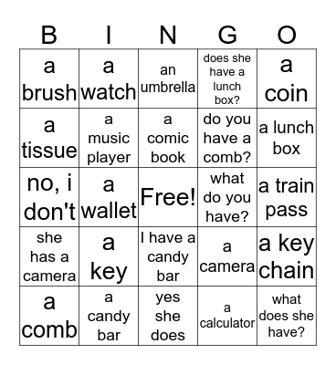 My things Bingo Card