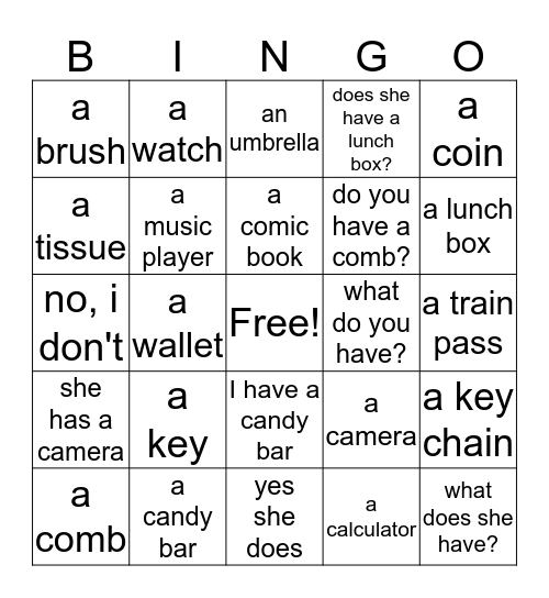 My things Bingo Card