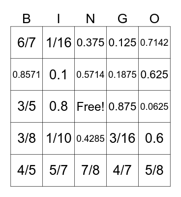 FRACTION/DECIMAL BINGO Card