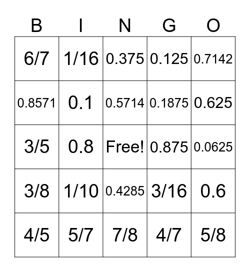 FRACTION/DECIMAL BINGO Card