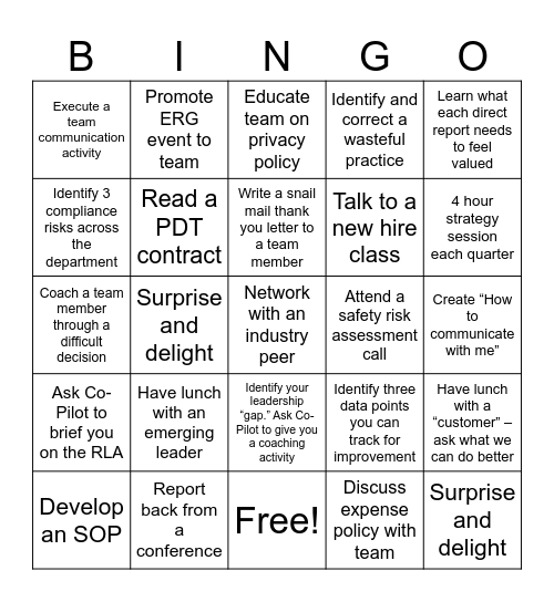 PAC Leadership Bingo Card