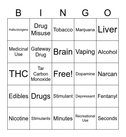 Alcohol, Drugs, Tobacco Bingo Card