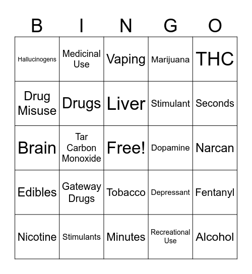 Alcohol, Drugs, Tobacco Bingo Card