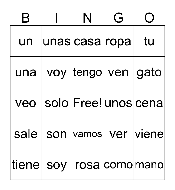 Spanish Site Word Bingo Card