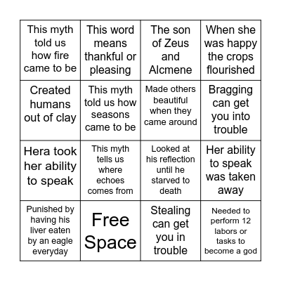 Myth Poster Scavenger Hunt Bingo Card