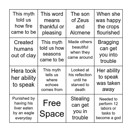 Myth Poster Scavenger Hunt Bingo Card
