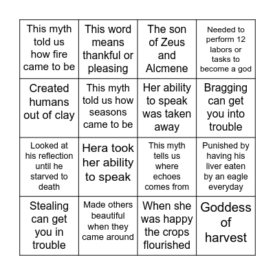 Myth Poster Scavenger Hunt Bingo Card