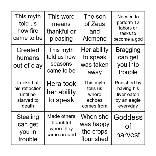 Myth Poster Scavenger Hunt Bingo Card