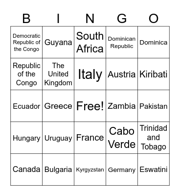 COUNTRIES OF THE WORLD Bingo Card