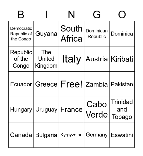 COUNTRIES OF THE WORLD Bingo Card