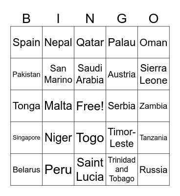 COUNTRIES OF THE WORLD Bingo Card