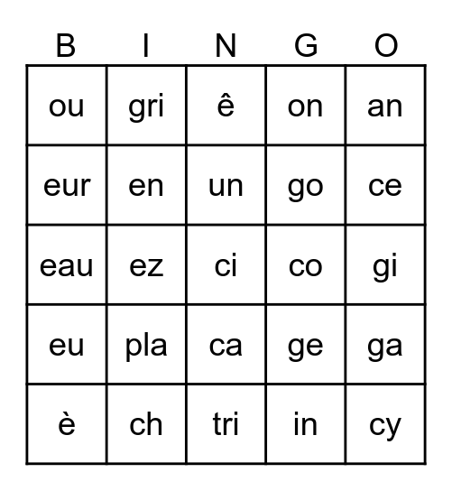 SONS et SYLLABES - BAC 4 Bingo Card