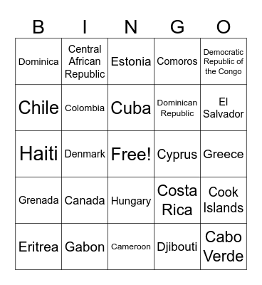 COUNTRIES OF THE WORLD Bingo Card
