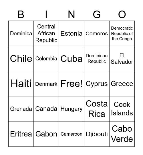 COUNTRIES OF THE WORLD Bingo Card